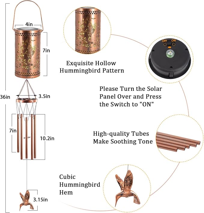 Solar Wind Chimes for Outside, 36" Hummingbird Hanging Solar Lantern for Mom, Christmas Windchimes Outdoors Gifts,Garden Decor led Lights Wind Chime for Patio Yard, for Women Grandma