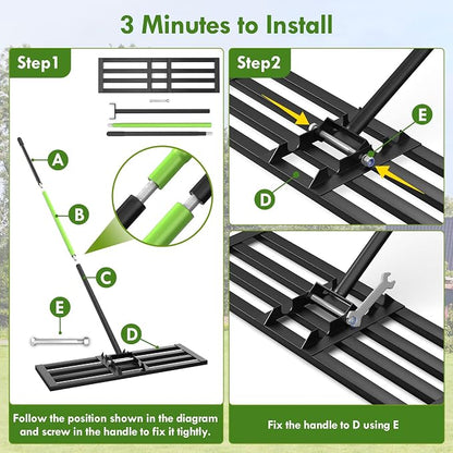 Seeutek Lawn Leveling Rake, 35” x 10” Ground Leveler | with 6.5FT Alloy Steel Handle Rakes for Lawns, 0-180° Adjustable Ground Leveler Tool for Yard, Level Soil Sand Dirt Surfaces
