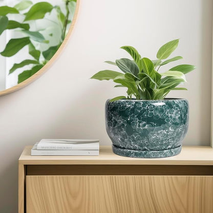 SQOWL 10 Inch Plant Pot - Ceramic Planter for Indoor Plants Outdoor, Large Ceramic Flower Pot with Drainage Hole and Saucer, Decorative Round Planter, Living Room Decor, Gifts for Women Men, Green
