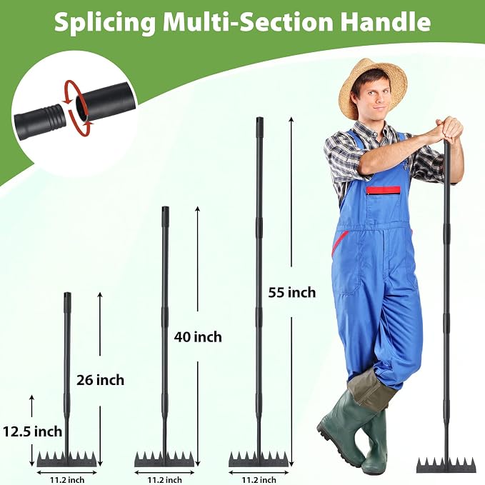 Manual Weeder Tool,8 Tines Garden Weeding Rake with Sharp Blade,55 Inch Long Handle,Heavy Duty Stand Weeding Tool for Weeding Loosening Soil Gathering Leaf Leveling Thatch Rake