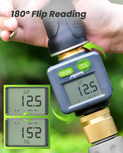 RAINPOINT Water Flow Meter with Brass Inlet & Outlet, 180° Screen-Flip Water Meter, Measure Gallon/Liter Consumption for RV Filling, Garden Watering, Sprinkler and Hoze Nozzle, 2pcs