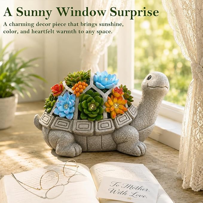 Nacome Solar Garden Outdoor Statues Turtle with Succulent and 7 LED Lights - Lawn Decor Statue for Patio, Balcony, Yard Ornament - Gifts for Mom Grandma Women