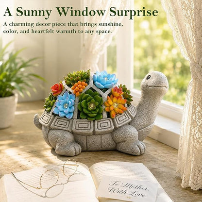 Nacome Solar Garden Outdoor Statues Turtle with Succulent and 7 LED Lights - Lawn Decor Statue for Patio, Balcony, Yard Ornament - Gifts for Mom Grandma Women