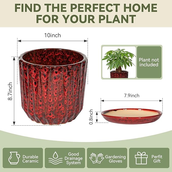 10 Inch Ceramic Planter Pot with Saucer Drainage Leak-Proof Mesh,Flower Pots for Indoor Plants with Gardening Gloves,Ceramic Planter(Spotted Red)