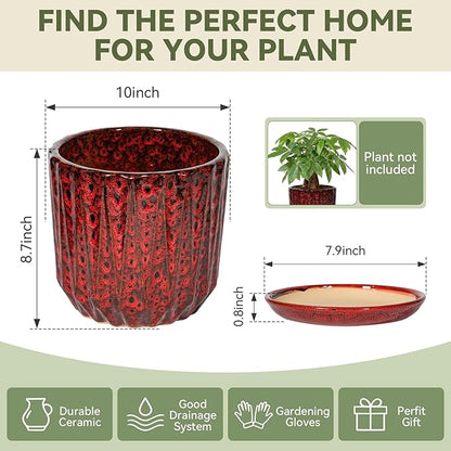 10 Inch Ceramic Planter Pot with Saucer Drainage Leak-Proof Mesh,Flower Pots for Indoor Plants with Gardening Gloves,Ceramic Planter(Spotted Red)