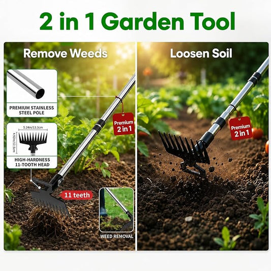 Premium 59" Long Handle 2-in-1 Weeding Tools for Garden, Patio & Path - Wheel Hoe & Rake, 11-Tine Stand Up Weed Puller, Heavy Duty Hand Weeder & Cultivator for Grass, Grandpas Fathers Dad Gift