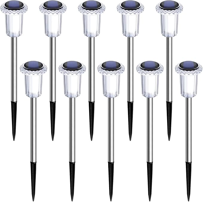 DenicMic Solar Garden Lights Outdoor Waterproof 10Pack 3000K Warm White LED | Pathway Walkway Driveway Yard Garden Decor for Outside Starburst Light Pattern, Diamond-like Lampshade Stainless Steel Pole