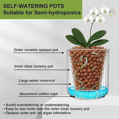 2 Pack of 6in Ceramic Cachepot with Clear Orchid Pot - self Watering Indoor Planter with Drainage for Root Visibility,semi Hydro pots for repotting Orchid,Black