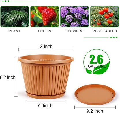 Large-Planter-Indoor-Outdoor Plant Pots, 12 inch 4 Pack Plastic Flower Pots with Saucer And Drainage Holes, Modern Garden Planters For Planting Medium Large Plants, Decorative Resin Garden Pots
