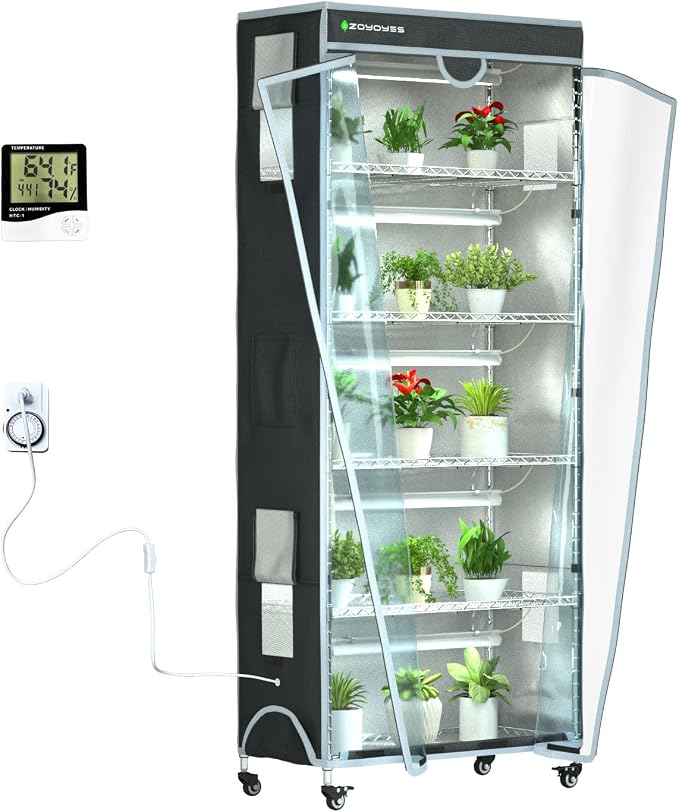 Indoor Greenhouse 6-Tier Plant Rack with Cover & 5 T8 Grow Lights | Thermometer & Timer – Seedlings, Flowering, Herbs & Vegetables, Indoor Gardening, Easy Assembly 30"W x 14"D x 72"H