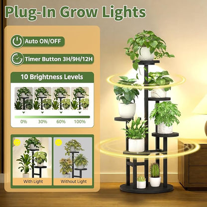 LASZOLA 5 Tiered Wood Plant Stand Indoor Corner with Grow Light, Flower Holder Rack Tall for Multiple Plants, Rustic Planter Shelf Display for Patio Garden Balcony Living Room， Black