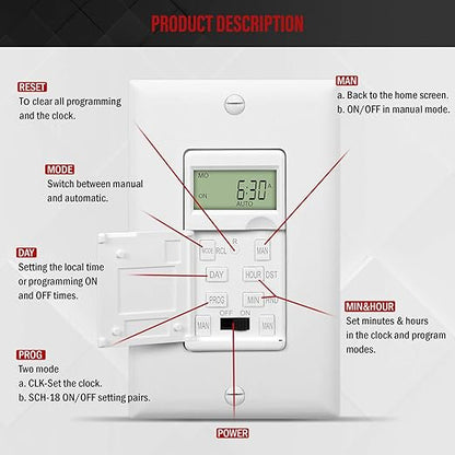 ENERLITES - HET01-C-W Programmable Digital Timer Switch for Lights, Fans, Motors, 7-Day18 ON/OFF Timer Settings, Single Pole, Neutral Wire Required, UL Listed, HET01-C, White
