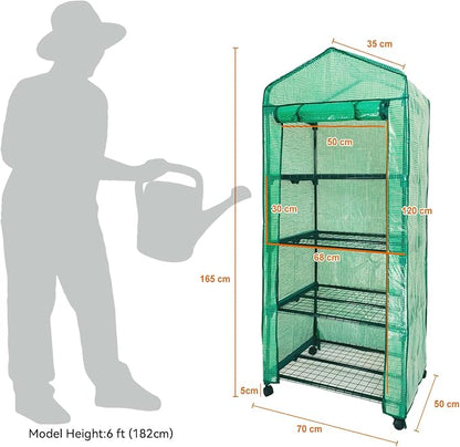 Mini Greenhouse,4 Tier Small Portable Greenhouses Kit with Caster Wheels and Roll-up Zipper PE Cover,Green House for Indoor Outdoor Seedling and Plant Growing 27.6" L x 19.7" W x 65" H,Green