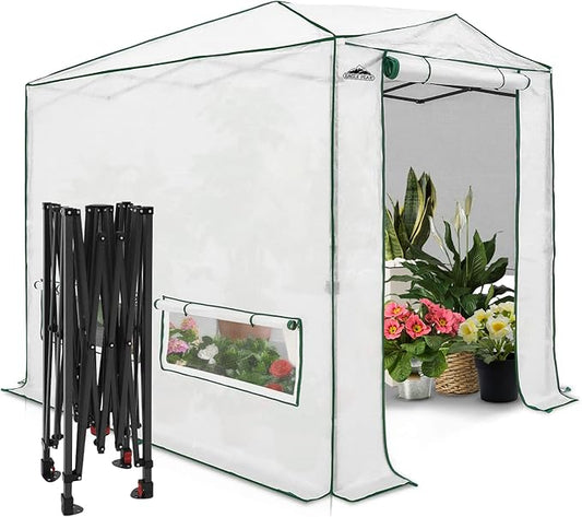 EAGLE PEAK 8x6 Portable Walk in Greenhouse, Pop Up Indoor Outdoor Greenhouse, Green House Kit with Zippered Roll-Up Doors and Windows, Woven Cover, Translucent