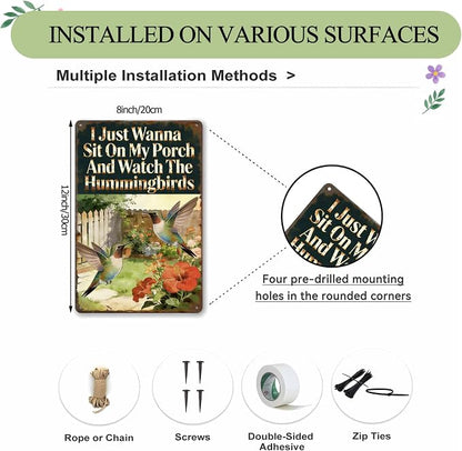 Funny Garden Metal Signs, Vintage Outdoor Wall Decor 8x12 Inch | I Just Wanna Sit On My Porch And Watch The Hummingbirds, Weatherproof Aluminum Sign for Patio Yard, Hummingbird Gift