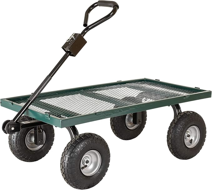 Garden Star 70107 Garden Cart/Utility Cart, Hinged/Removeable Sidewalls, Four 10-inch Wheels, Loop Handle with Convertible Hitch Attachment, Steel Powder-Coated Mesh Frame, 700-pound Capacity, Green