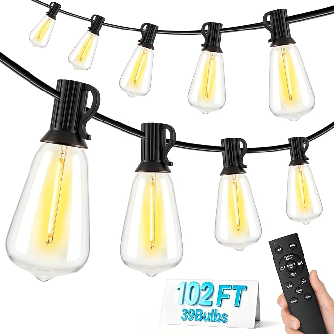 Guhope 102FT Outdoor String Lights with Remote, IP45 Waterproof Dimmable Patio Lights with 39 Shatterproof Edison Bulbs, 24V Connectable Outside Hanging Lights for Porch Garden Backyard Gazebo Party
