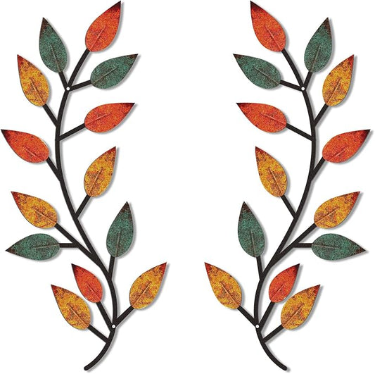 Zhengmy 2 Pieces Metal Tree Leaf Wall Decor Vine Olive Branch Leaf Wall Art Living Room, Hallway Wall Decor Outdoor Decoration(Lively Colors)