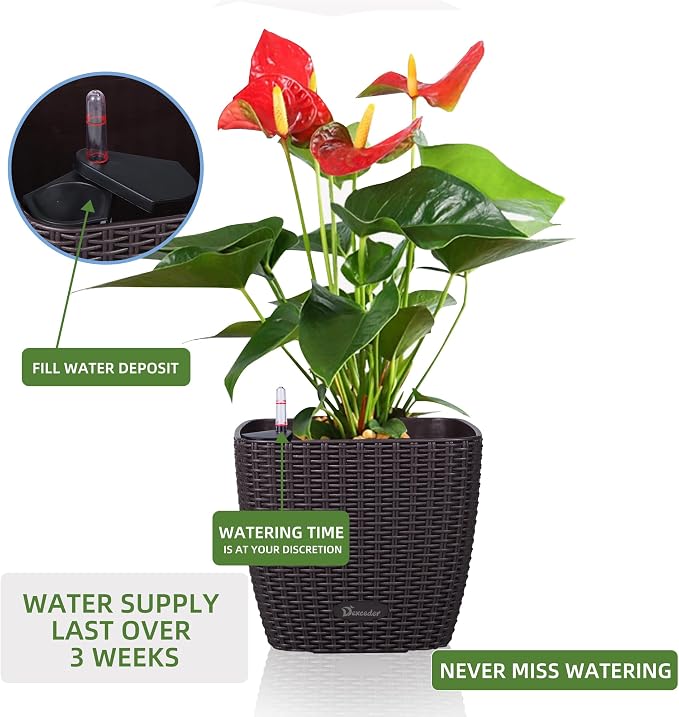 Dexceder 9x8 Self Watering Planter (Brown Rattan) | Inner Mat Design, Thickened Table Flower Plant Pot with Water Level Indicator Indoor Outdoor