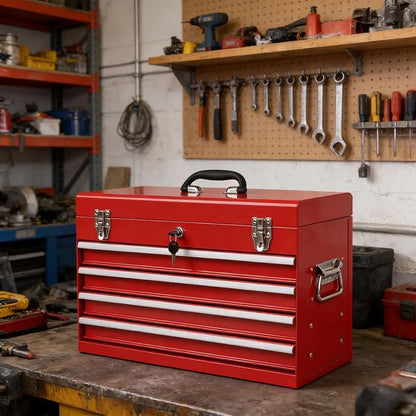 4 Drawers Metal Tool Box, 21'' Portable Metal Tool Box with EVA Liners & Auto-Locking Mechanism, Heavy Duty Steel Tool Chest with Ball-Bearing Drawer Slides & Convenient Top Handle, Red