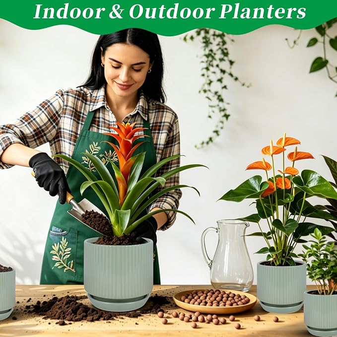 Ceramic-5-inch-Flower-Pots-with-Saucer, Small Planters for Indoor Plants with Drainage Hole, White Textured Vertical Stripe Plant Pots for Home Decor, Garden Pot For Succulent Cactus Mint Basil Herb