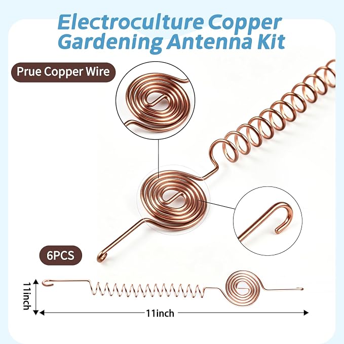 6 Pack Electroculture Copper Gardening Antenna Kit,11" Long 10-Gauge Pure Copper Wire Coil Tensor Rings Plant Stakes Rods Electronic Planting for Garden Vegetable Fruits Houseplants Growth Support