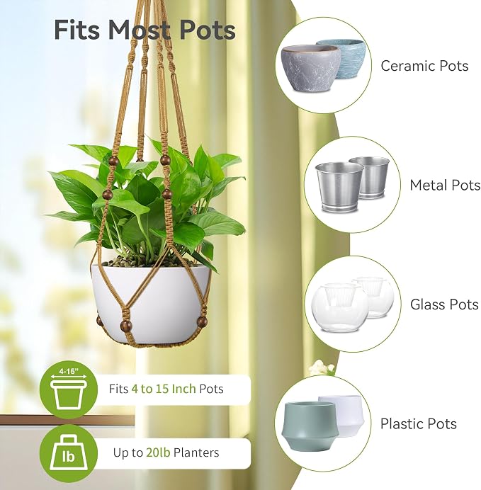 USLAI Macrame Plant Hanger Indoor Outdoor, Fits 4 to 15 Inch Pots, Strong Hanging Planter Holder, Boho Home Decor, 23+29+35 Inch, Brown (POTS NOT Included)
