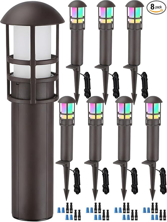 LEONLITE 8-Pack RGBCW Low Voltage Landscape Pathway Lights, 3W, CRI90 | Color Changing, 12-24V AC/DC, Aluminum, ETL, Multi-Color, Low Voltage LED Bollard Path Lights, for Walkway Yard Garden