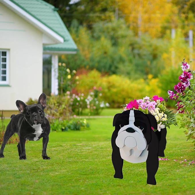Black English Bulldog Dog Planter Pots, 9.45 x 7.48 x 10.63 Inches | Dog Flower Pot, Cute Animal Shaped Plant Pot, Gifts for Women & Pet Lovers, Indoor Outdoor Garden Home Office Decor