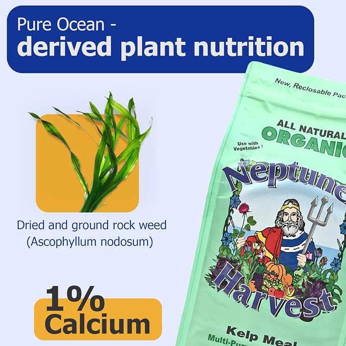 Neptune’s Harvest Organic Kelp Meal Plant Food (1-0-2) - 4 lb Resealable Bag - Multi-Purpose Seaweed Fertilizer - Indoor & Outdoor Plant Fertilizer for Lawns, Gardens, Vegetables & Bulbs
