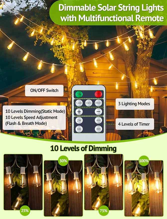 Larkvue 48FT Solar Outdoor String Lights with Remote & Timer, Shatterproof Dimmable 3 Modes Patio Lights with 15+1 ST38 LED Bulbs for Backyard-White
