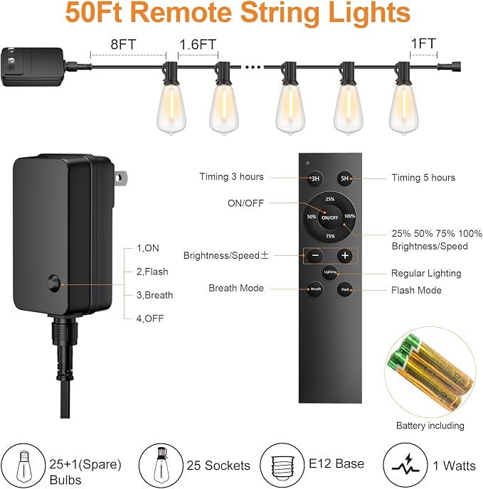 50FT Outdoor String Lights with Remote, Garden Patio Decor with 2500K Warm White, 25+1 LED Edison Bulbs, Support Timer Dimmable Waterproof Shatterproof for Yard Outside Porch Deck Indoor (24V)