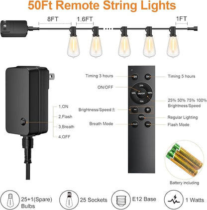 50FT Outdoor String Lights with Remote, Garden Patio Decor with 2500K Warm White, 25+1 LED Edison Bulbs, Support Timer Dimmable Waterproof Shatterproof for Yard Outside Porch Deck Indoor (24V)