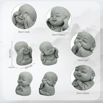 4Pcs Baby Buddha Statue Set, 2 Inch Mini Zen Monk, Sandstone Buddha for Desk Decor, Laughing Buddha for Good Luck, Car Dashboard, Home & Living Room Decor with Blessing Amulet