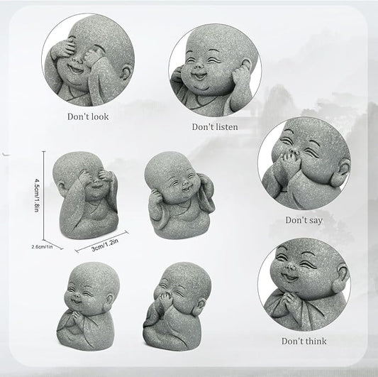 4Pcs Baby Buddha Statue Set, 2 Inch Mini Zen Monk, Sandstone Buddha for Desk Decor, Laughing Buddha for Good Luck, Car Dashboard, Home & Living Room Decor with Blessing Amulet