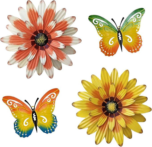 Meduofon Metal Flowers Outdoor Wall Decor, 4 Pack Metal Flower & Butterfly Wall Art Decor Outdoor or Indoor, Wall Sculptures for Deck Decor, Garden Fence, Yard, Patio, Porch, Bedroom, Living Room