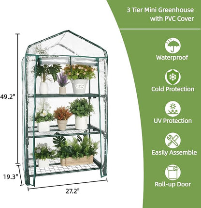 Mini Greenhouse for Indoor Outdoor, Small Plants Green House with 3 Tier Shelves, Portable Plastic Greenhouses with Transparent PVC Cover for Garden Backyard Patio Balcony Porch