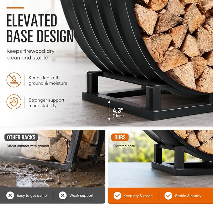 24" Firewood Rack with Roof Cover, Indoor & Outdoor Log Holder Keeps Firewood Dry, Clean & Organized for Fireplace, Patio & Backyard, Heavy-Duty Steel Wood Storage Rack, 400LBS Capacity