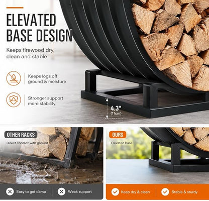24" Firewood Rack with Roof Cover, Indoor & Outdoor Log Holder Keeps Firewood Dry, Clean & Organized for Fireplace, Patio & Backyard, Heavy-Duty Steel Wood Storage Rack, 400LBS Capacity