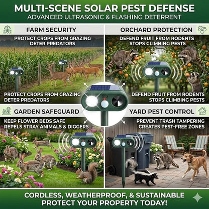 4 Pack Ultrasonic Deer Repellent for Plants Garden Solar Animal Repellent Outdoor with Motion Sensor & Strobe Light for Rabbit Cat Deterrent Raccoon Squirrel Fortress Pro Keep Pests Out of Yard Farm