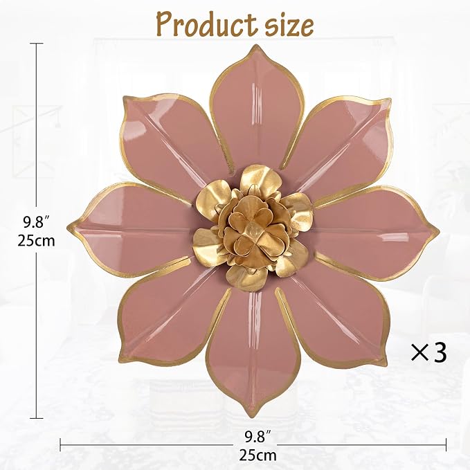 Metal Flowers Wall Decor Set of 3, Pink Metal Flower Wall Art Decor for Inoor & Outdoor Use, 3D Vintage & Modern Pink Walls Arts for Bathroom, Living Room, Bedroom, Garden, Patio, Porch, Office, 10"