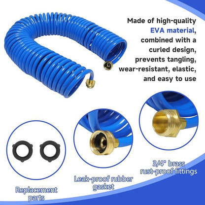Coil Hose,3/8" EVA Coil Garden Hose 25 FT,Curly Water Hose Lightweight with Brass Connectors,Recoil Garden Hose Includes 8-Pattern Spray Nozzle for Boat, Yard, Patio