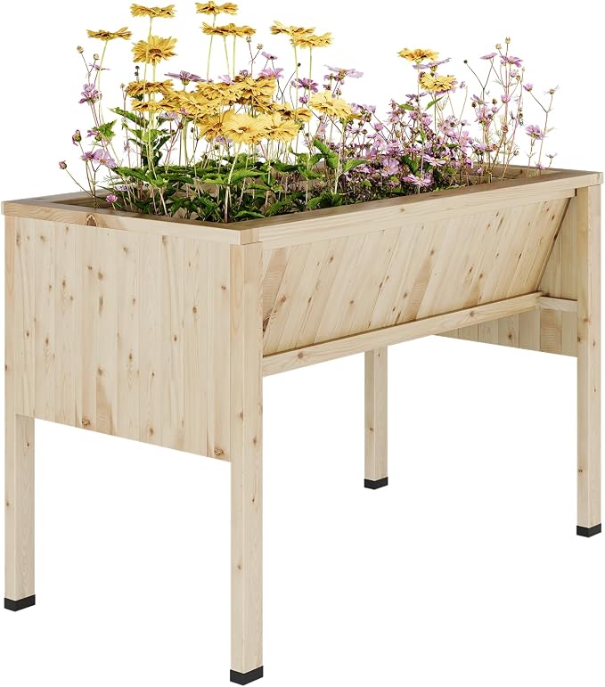 3.8x2x2.5 Ft Elevated Wooden Raised Garden Bed with Legs & Hooks - Outdoor Standing Planter Box for Vegetables, Herbs, Flowers - Natural Cedar Raised Garden Beds for Backyard, Patio, Balcony