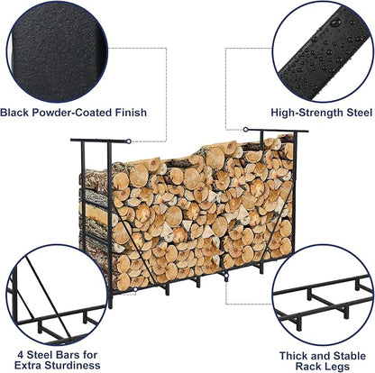HONEST OUTFITTERS 6ft Firewood Rack Outdoor, Adjustable Heavy Duty Firewood Holder, Adjustable Wood Racks for Outdoor Indoor, Metal Log Racks for Firewood with Firewood Bag Carrier, Black