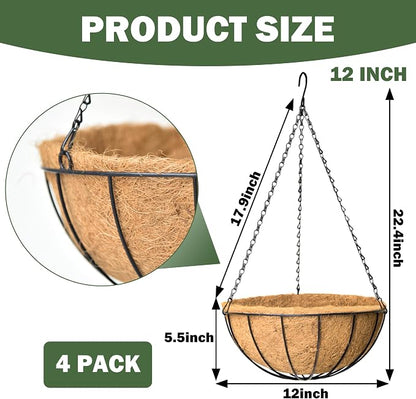 4 Pack 12 Inch Hanging Baskets for Plants Outdoor Metal Hanging Planter Basket with Coco Coir Liner Hanging Flower Baskets Hanging Flower Pots Holder for Garden, Patio(Watermelon)