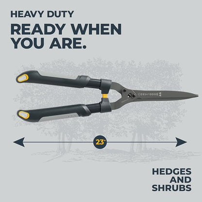 Woodland Tools Heavy Duty Hedge Shears, 23 Inch Manual Hedge Clippers with 10 Inch Lever-Assist Blades and Non Stick Coating, Branch Trimmer for Dense Shrubs and Overgrown Hedges