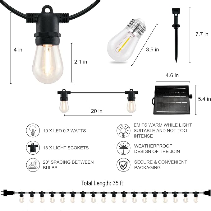 YULETIME 35 ft 18 LED Patio String Lights Solar Powered, E26 Base S14 Bulbs | Shatterproof Bulbs, Dimmable, Weatherproof Socket, Pre-assembled, Backyard Bistro Outdoor Light