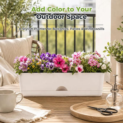 6 Pack Rectangle Planter 16x4.4 Inch Window Boxes Planters Rectangular Window Sill Planters Indoor Self Watering Plant Pots with Drainage Holes and Saucers Succulent Herb Flower Pots, Light Grey