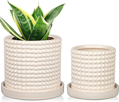 DILATATA Set of 2 Ceramic Planter Pots with Drainage Hole and Saucer, Round Flower Pot Hobnail Modern Planter Pots for Indoor & Outdoor Plants - 4 Inch & 6 Inch, White