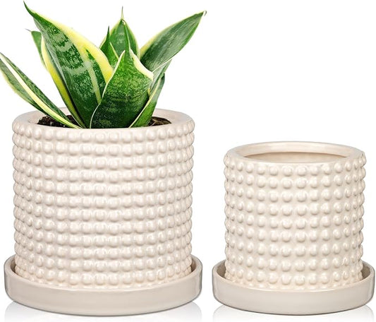 DILATATA Set of 2 Ceramic Planter Pots with Drainage Hole and Saucer, Round Flower Pot Hobnail Modern Planter Pots for Indoor & Outdoor Plants - 4 Inch & 6 Inch, White
